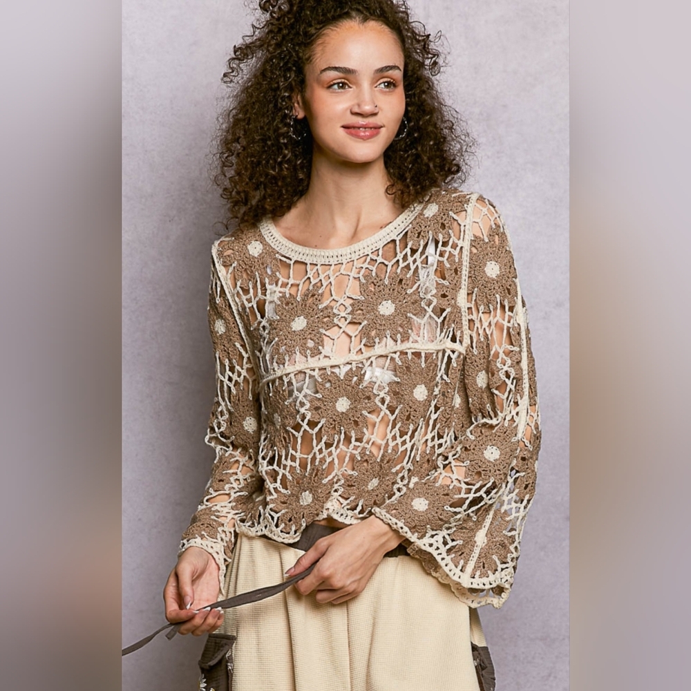 POL Beige and Cream Crochet Floral Long Sleeve Top